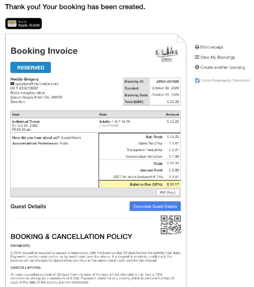 Example of booking invoice with cancellation policy
