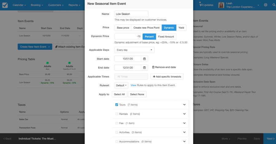 Adding seasonal rates to product pricing in booking system