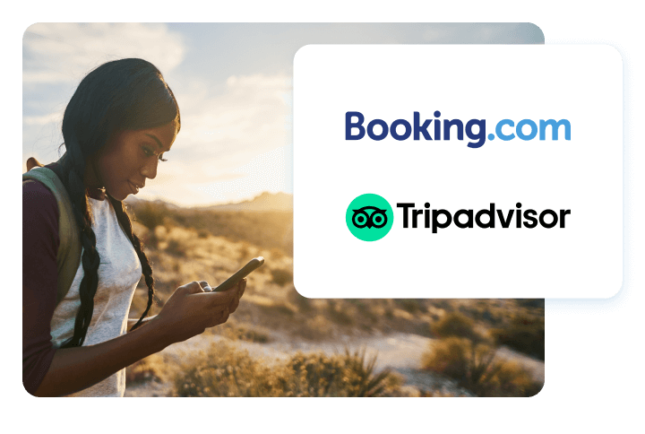 Image of person on phone with booking.com and tripadvisor logos.